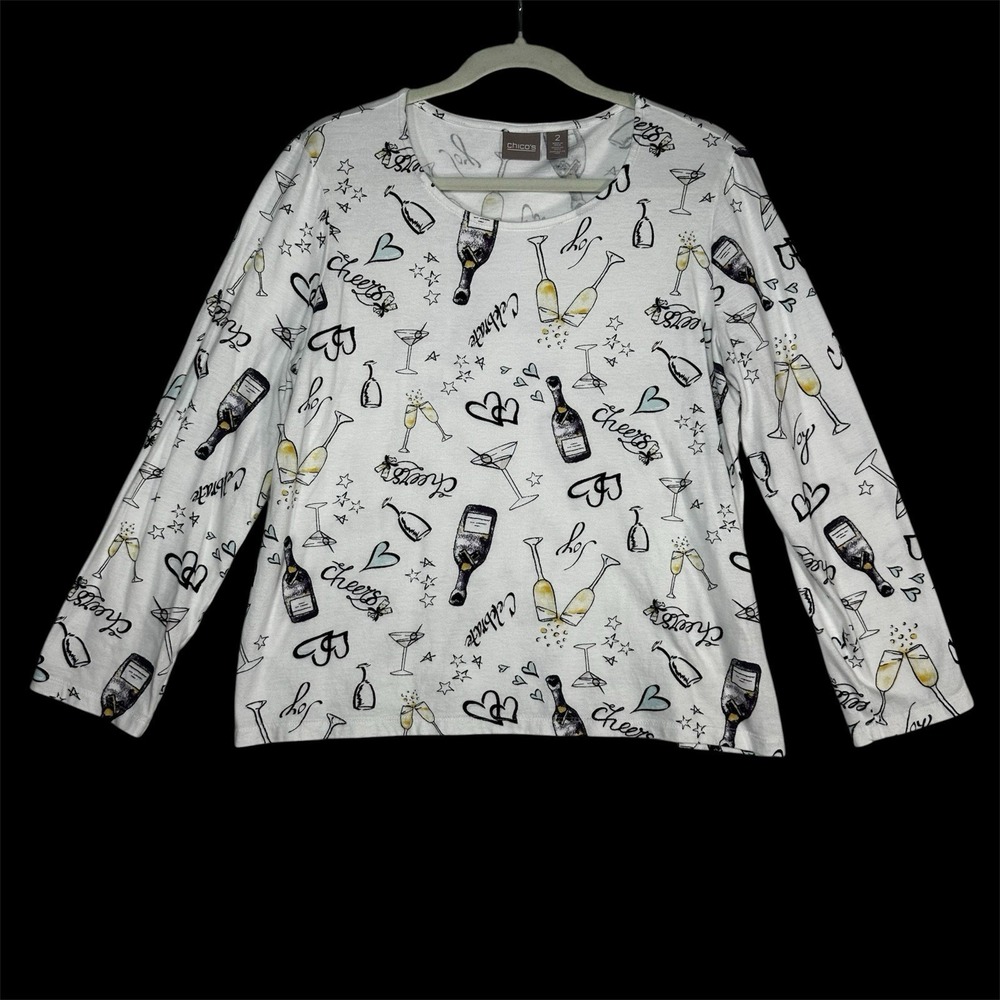 Chicos Top 2 Womens L Large White Champagne Wine Cocktail‎ Print Knit Eclectic